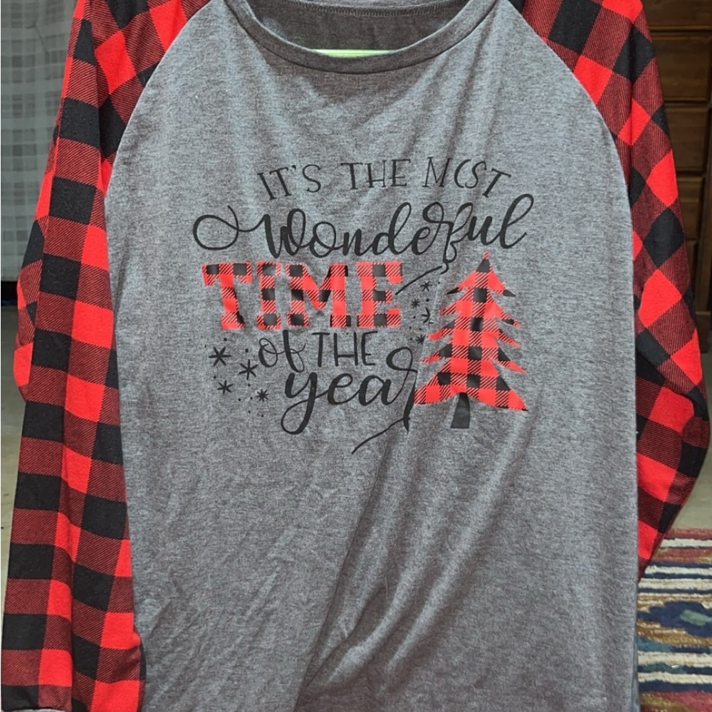 Gray and Red Plaid Raglan Sleeve Shirt